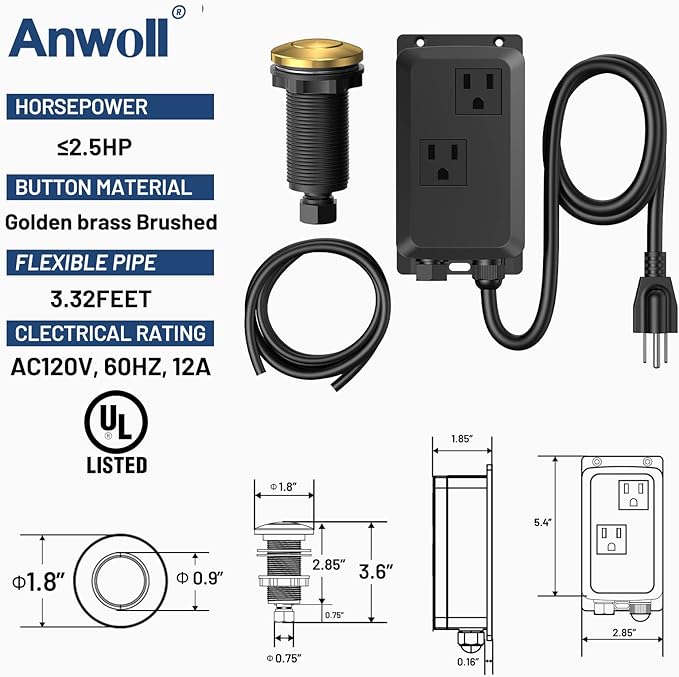 Garbage Disposal Air Switch Kit -Professional- Dual Outlet, Sink Top Waste Disposer On/Off, Garbage Disposal Button, Brass Made Cover, UL Listed