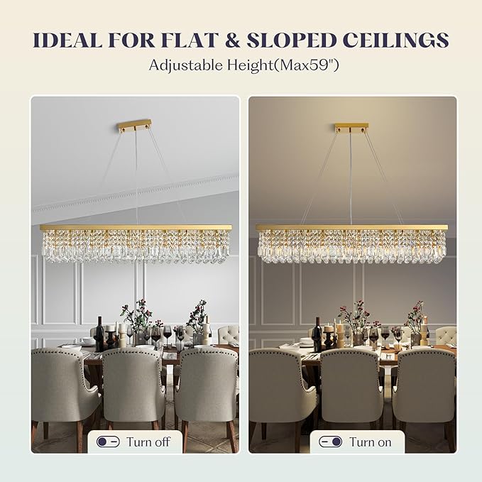 10 Lights Modern Crystal Chandelier, Gold K9 Rectangle Rectangular Chandeliers,Luxury Flush Mount Pendant Ceiling Light for Dining Room Kitchen Island L47''xW10''xH10''