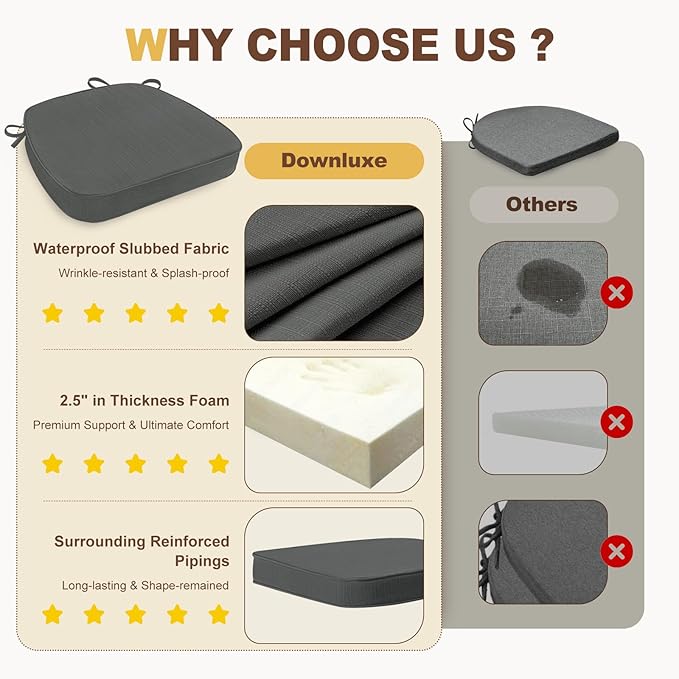 downluxe Chair Cushions for Dining Chairs, Waterproof Kitchen Chair Pads, Non-Slip Dining Seat Cushion with Ties, 17" x 16" x 2.5", Dark Grey, 4 Pack