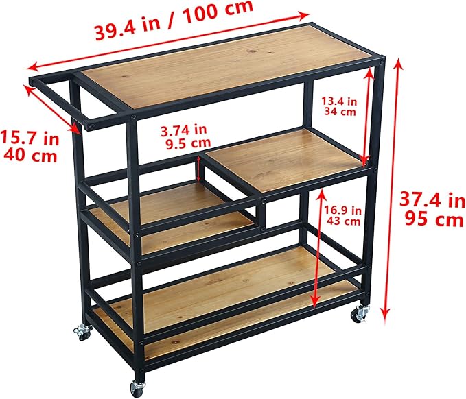 Bar and Serving Cart Industrial & Modern Rustic Rolling Bar and Serving Cart,3-Tiered Wood & Metal Kitchen Bar Cart Island with Wheels,Move Storage Coffee/Wine Island Shelf,Black