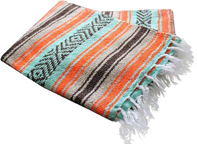 Del Mex Classic Mexican Blanket, Large Authentic Woven Falsa Throw (70"x50"), Artisan Southwest Décor for Beach, Yoga, Outdoors (Mint/Tan/Orange)