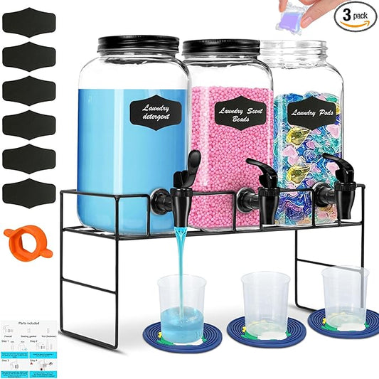 3-Pack 2.2L Glass Laundry Detergent Dispenser Set with Stand - Premium Liquid Soap Dispenser with PP Spigots, Measuring Cups, and Chalkboard Labels for Laundry Room Organization and Storage