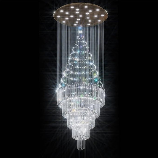 Flashing God D40''X H110'' High Ceiling Big Chandelier Crystal Raindrop Gold Chandeliers Staircase Large Chandelier Entrance Foyer High Ceiling Lighting Include 15 LED Bulbs Dimmable 2700K-4500K-6000K