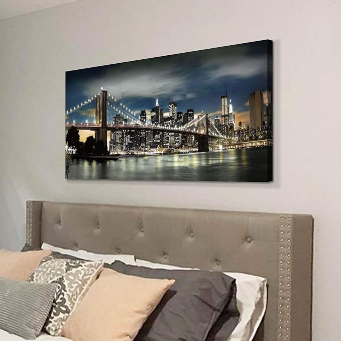 Brooklyn Bridge Canvas Wall Art: Skylines Lights & Reflections in New York Artwork for Decor
