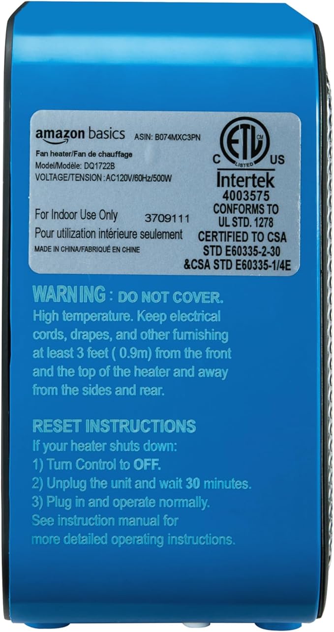 Amazon Basics Ceramic Space Heater, Mini Heater for Office Desk, Portable Tent Heater for Camping (Indoor Use), 500 W, With Tip-Over Protection, Lightweight (1.4 LBS), Blue, 5.9 x 3.2 x 6 inches