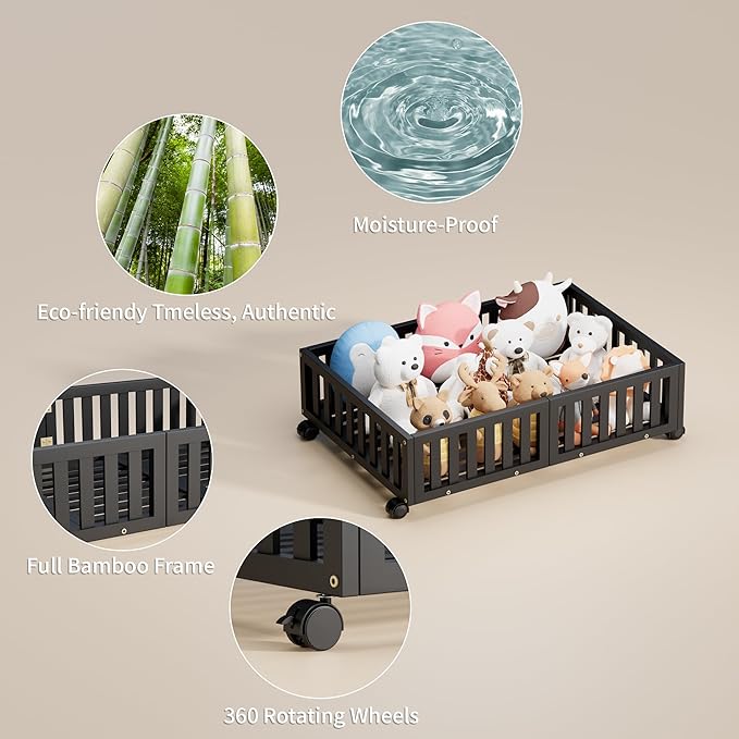 Bamboo Under Bed Storage with Wheels (2-Pack) – Rolling Underbed Shoe Organizer Box for Shoes, Blankets, Toys, Clothes Container Space-Saving Organizer Bins for Bedroom, Closet, Dorm, Nursery