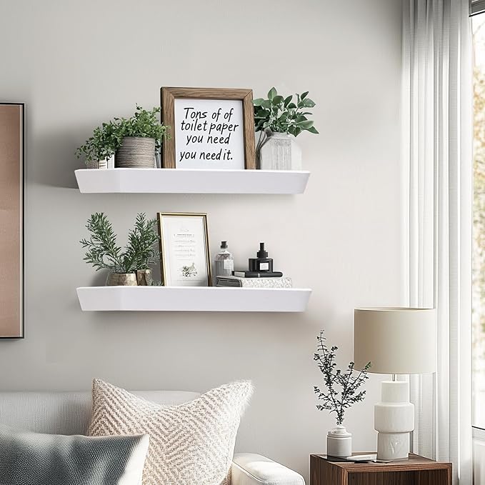 16"x6.8"x1.6" Slanted Floating Wall Shelves 2-Pack - Rustic White Finish, Heavy-Duty Solid Wood Design with Hidden Brackets - Perfect for Living Room, Kitchen, Bathroom, or Office