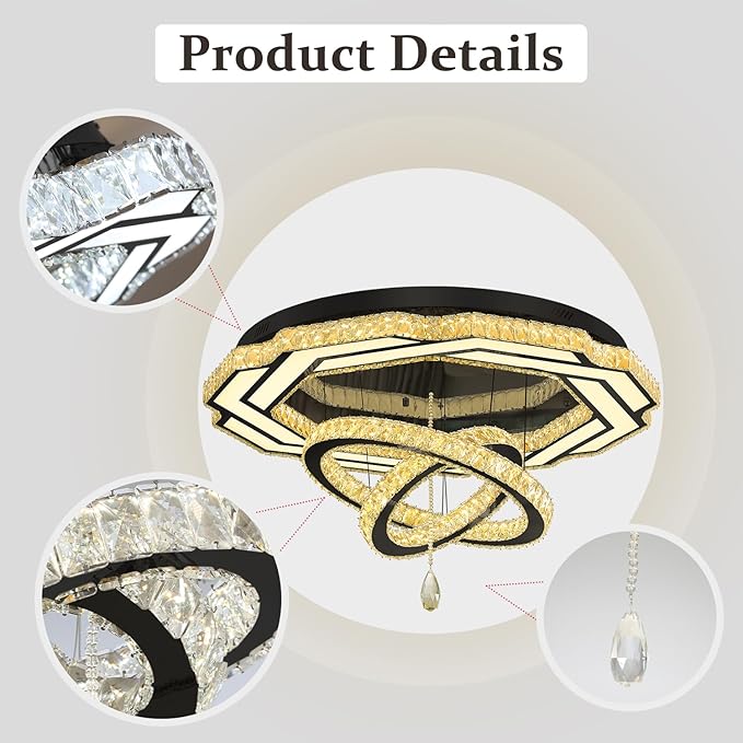 Flashing God Large Crystal Chandelier Dia 48" Black Chandelier Flush Mount Ceiling Light for Bedroom Living Room Dining Room Hallway Dimmable 3 Rings LED Celing Lighting Fixtures