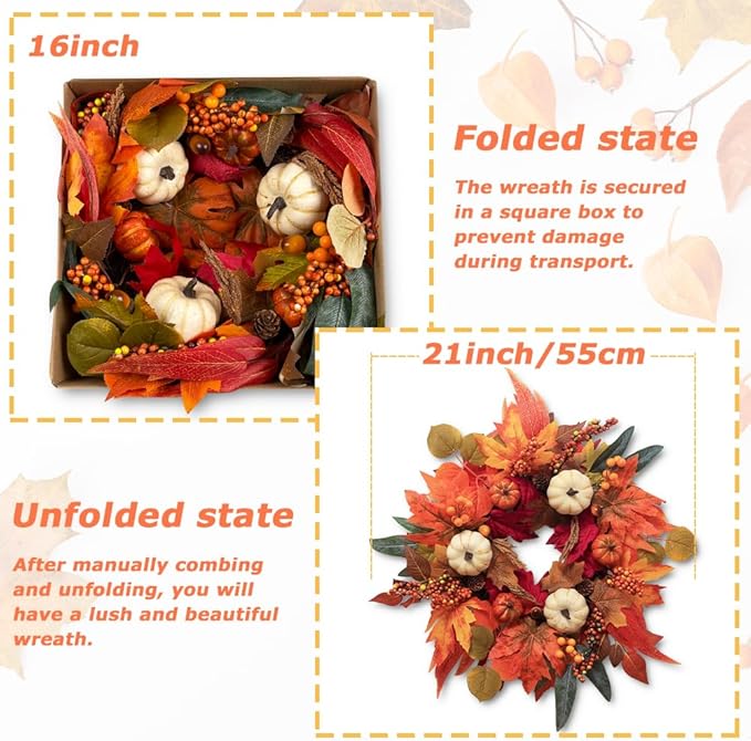 Fall Wreaths for Front Door, DECSPAS 21" Fall Wreath with Maple Leaves Pumpkin Berries, Autumn Decorations for Home, Artificial Harvest Door Wreath Outside, Window, Wall, Fireplace, Thanksgiving Decor
