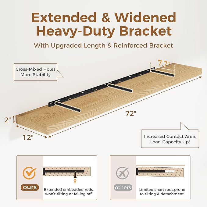 Fun Memories 72 Inch Floating Shelf, 12 Inch Deep Wall Shelf for Fireplace Mantel, Deep Storage Shelves for Home & Office, Wall Shelves with Invisible Bracket, Oak, Set of 1