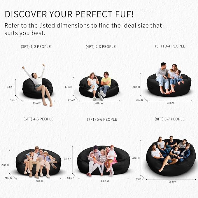 Bean Bag Chair for Adults 8FT,Soft Removable Cover for Teens/Girls Bedroom,Fluffy Giant Round Floor Beanbag Lounger Chairs (No Filler,Black)
