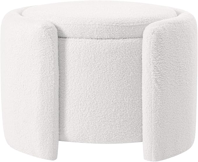 Furniliving Upholstered Button Tufted Round Ottoman, Ottoman with Storage, Teddy Footrest Stool, Removable Lid Convenient Footstools, Bedroom Ottomans with Storage for Vanity, Living Room, White