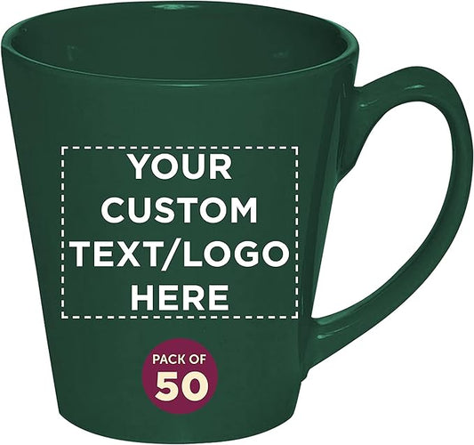 DISCOUNT PROMOS Custom Glossy Ceramic Latte Coffee Mug 12 oz. Set of 50, Personalized Bulk Pack - Perfect for Tea, Espresso, Cappuccino, Hot Cocoa - Green