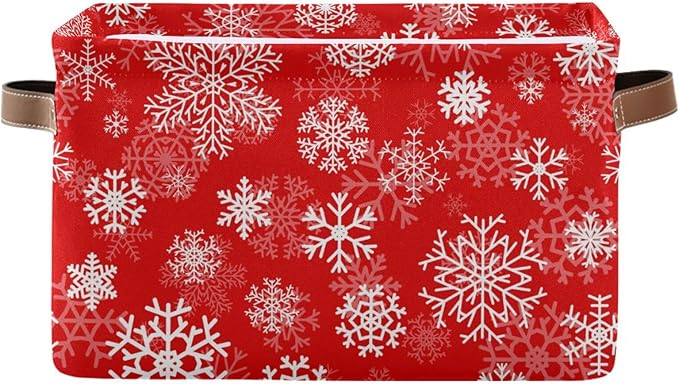 Christmas White Snowflakes on Red Storage Basket Cube Storage Bins Organizer Bag Collapsible Closet Shelf Baskets with handle for Baby Cloth Pet Toy Book 14.2×10.2×8.3 IN