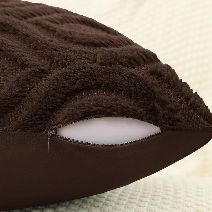 decorUhome Throw Pillow Covers 20x20 Inch Set of 2, Soft Plush Decorative Faux Fur Dark Brown Solid Couch Pillow Covers, Accent Farmhouse Neutral Square Euro Pillow Cases for Sofa Bed Living Room