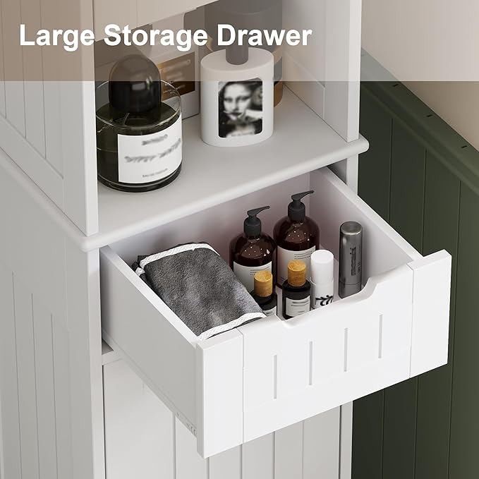ChooChoo 67" Tall Bathroom Storage Cabinet Freestanding with Adjustable Shelves, Narrow Storage Linen Cabinet with 2 Doors and 1 Drawers for Bathroom, Living Room, Kitchen, White