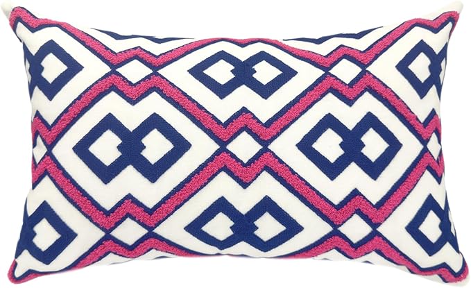 Alysheer Embroidered Lumbar Decorative Throw Pillow Cover 12"x 20", Classic Boho Geometric Embroidery Pattern Cotton Rectangular Cushion Case for Sofa Couch Living Room Bedroom(Blue Pink)
