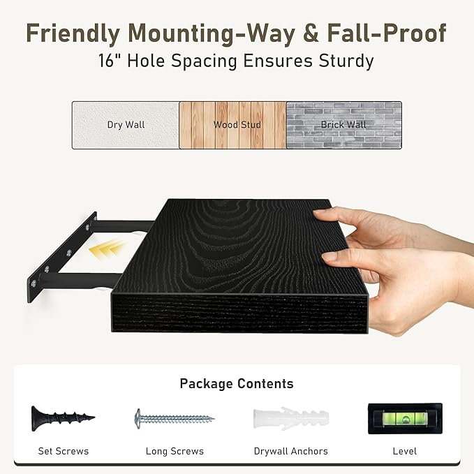 Fun Memories 72 Inch Floating Shelves for Wall 2 Pack Shelves for Bedroom|Kitchen|Bathroom 72 x 9.3 Inch Wood Floating Shelf with Invisible Brackets for Books|Storage|Decor, Black