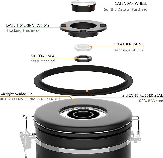 Coffee canister for ground coffee with Scoop Date Tracker One Way Co2 Valve 304 Stainless Steel Kitchen Food Airtight storage container for Coffee Beans,Grounds,Tea,Sugar (Black, 16oz)