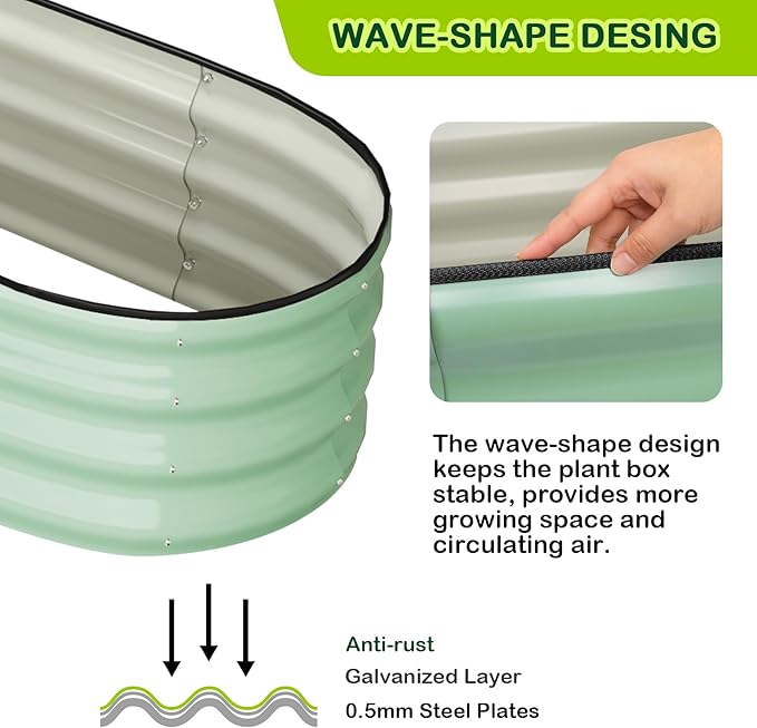 2 Pcs 4.5x2x1.5ft Oval Raised Garden Bed,Galvanized Raised Beds,Open-Ended Base Metal Raised Planter Beds,Garden Bed Outdoor,Planter Raised Boxes for Vegetables,Flowers,Tool-Free Asse,Green