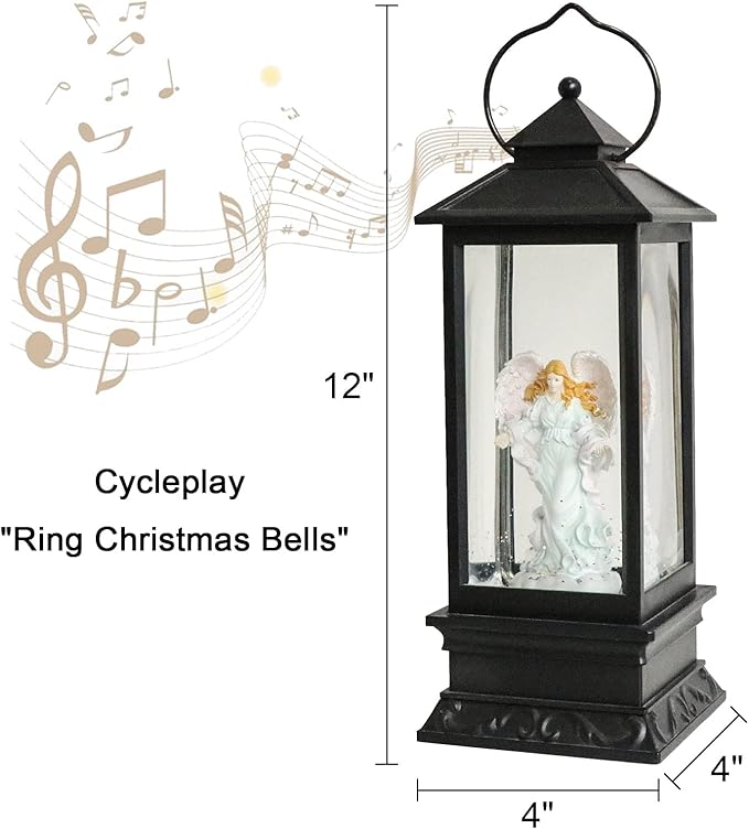 Eldnacele Musical Singing and Lighted Plug-in & Battery Operated Lighted Christmas Water Glittering Snowing Globe Christians Church Lantern for Home Decoration Angel