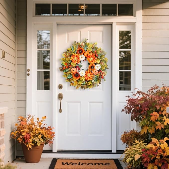 Fall Wreath for Front Door, 24 Inch Autumn Wreath with Pumpkins, Peony, Sunflowers & Dahlias, Fall Decorations for Home, Artificial Flowers Harvest and Thanksgiving Indoor & Outdoor