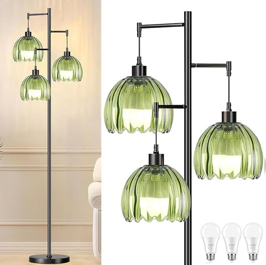 Glass Gold Floor Lamp for Living Room,Bedroom,Mid Century Modern Standing Lamp Brass Tree 3 Light Tall Floor Lamps Vintage Retro Floor Lights Green Flower Lamp Shade Farmhouse Boho Bohemian