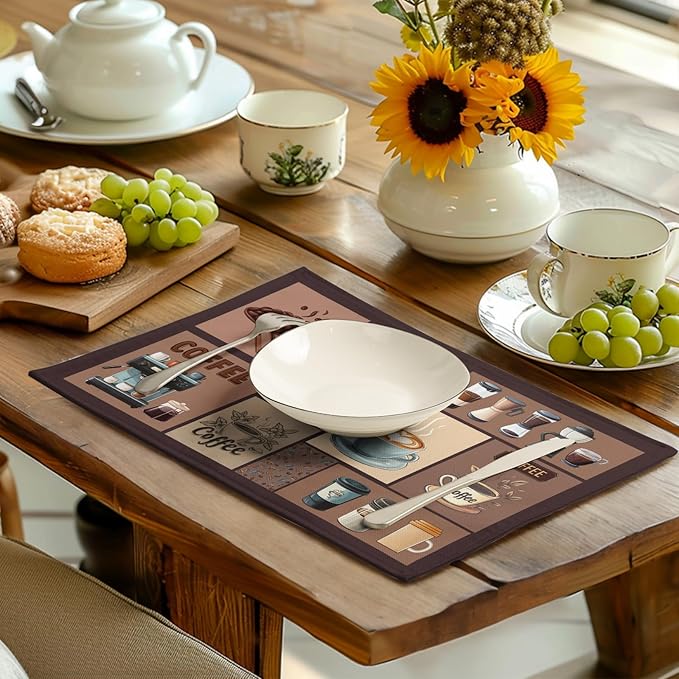 Coffee Theme Placemats Set of 4 Farmhouse Style Brown Linen Fabric Table Mat 12x18 Inch Washable Heat Resistant Non-Slip Place Mats for Home Party Kitchen Dining Decor