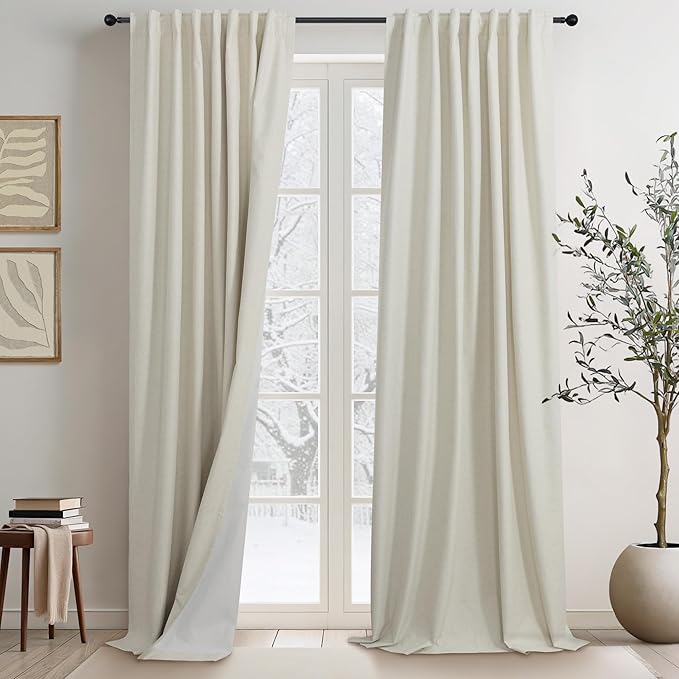 Country Farmhouse Style 94 Inch Curtains for Living Room Drape Back Tab Beige Linen Blackout Earthy Curtain Noise Reduction Light Blocking Cooling Window Treatment 2 Panel Burg Sunroom Bedroom 94 Long