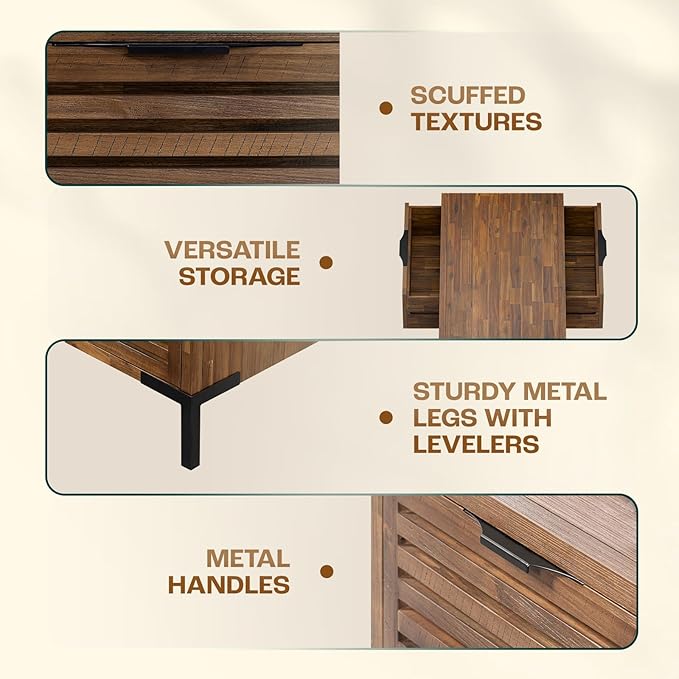 Bme Millie Coffee Tables for Living Room - Industrial Rustic - Two Drawers - Open Shelf - Rustic Scuffed Texture - Convenient Metal Handle and Sturdy Legs with Levelers - Easy Assembly - Chestnut