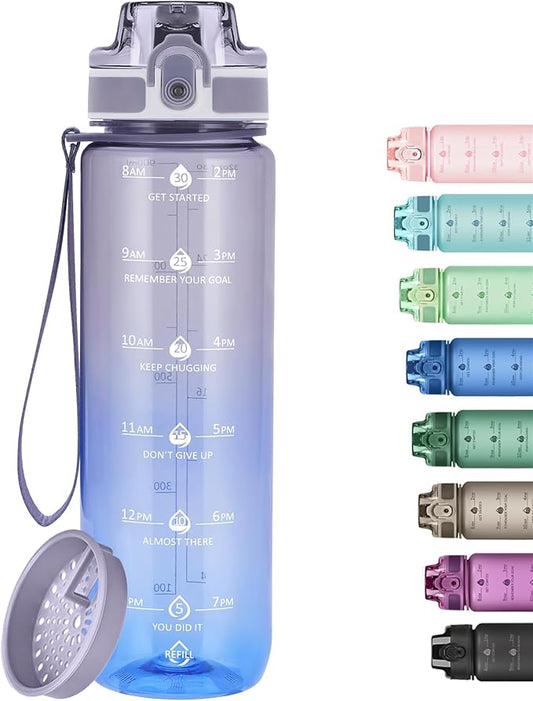 32oz Motivational Water Bottles with Time Marker & Fruit Strainer, Transparent Gradient Color Water Bottle with Times to Drink, Leakproof & BPA Free, Reusable Bottle with Strap (No Straw)