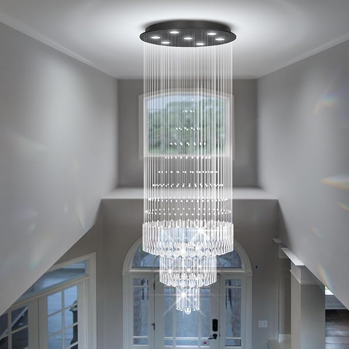 Flashing God D24''XH86'' Modern Foyer Chandelier for High Ceiling Raindrop Crystal Chandelier High Ceiling Pendant Light Fixture for Hallway Living Room (Black Staircase Chandeliers)