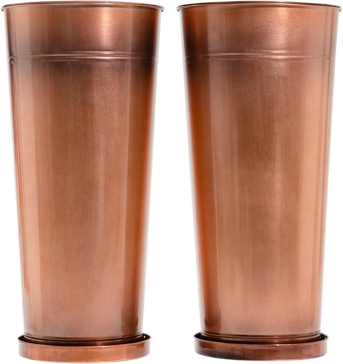 28in Tall Antique Copper Metal Vintage Planter Set of 2,Galvanized Steel Planter Pots for porches/Indoor/Outdoor/terraces Patio- Copper Color(2planters,2inner pots with Holes, 2trays)