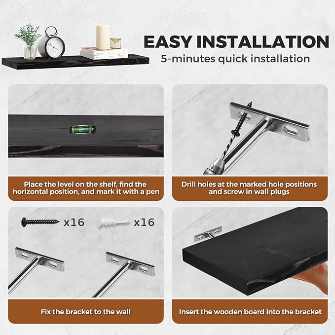 Floating Wall Shelves 4-Pack - Rustic Black 16-inch Wooden Wall Shelves for Storage and Décor, Multi-Functional and Easy to Install for Living Room, Bedroom, and Kitchen