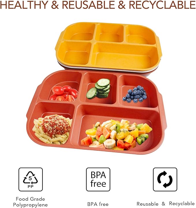 greenandlife 10.8 Inch 4PCS Divided Plates for Kids Adults, Portion Control Plates, Dishwasher & Microwave Safe Compartment Plate, Unbreakable Lightweight Reusable Wheat Straw Plates, Sunset