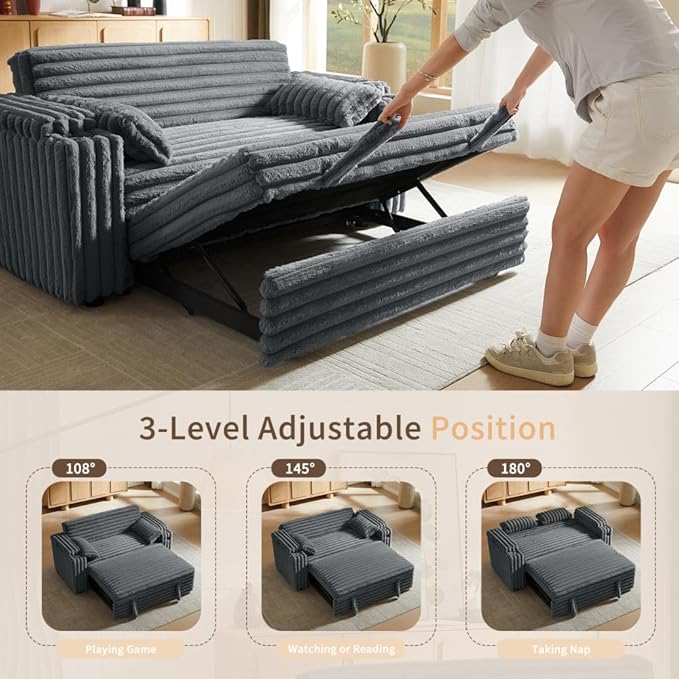 68.11" Corduroy Convertible Sofa Bed with USB Charging Port, Foldable Sleeper Chair with Pillows & Armrests, 3-in-1 Floor Couch for Living Room, Bedroom, Guest Room – Dark Gray