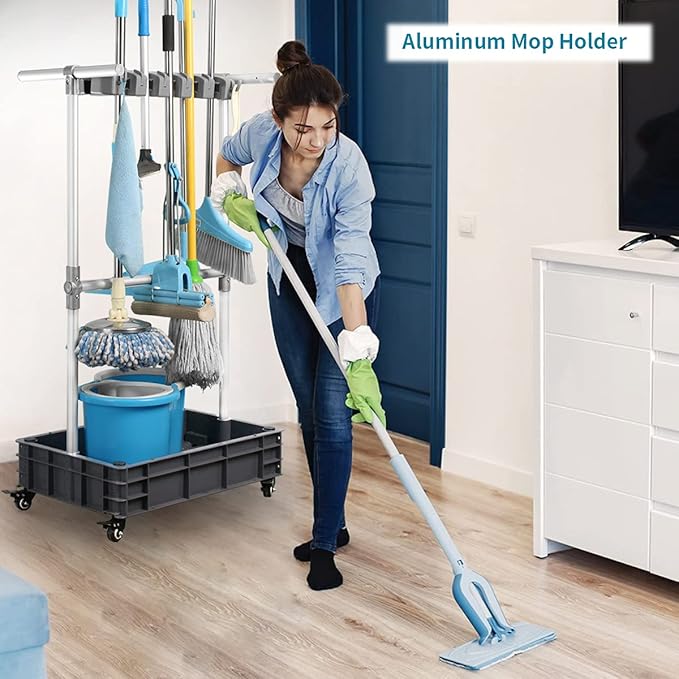 Broom And Mop Holder Put Wet Mops Movable Floor-Mounted Mop Rack Floor Standing Cleaning Tool Cart Storage For Garden Garage Schools, Hospitals, Factories, Hotels,Property Companies (12racks)