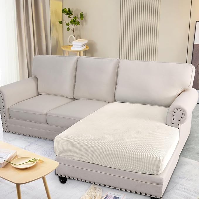 H.VERSAILTEX Super Stretch Individual Chaise Cover Sectional Couch Covers for L Shaped Sofa Both Left/Right Featuring Thick Jacquard Textured Twill Fabric (1 Piece Chaise Cover Large, Porcelain)
