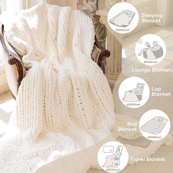 Chunky Knit Blanket - Luxury Soft Cozy 50 * 60 Throw Blanket,100% Woven Blanket Rope Knot Throw Blanket for Couch, Sofa, Home Decor, Gift - Machine Washable（Milk White）