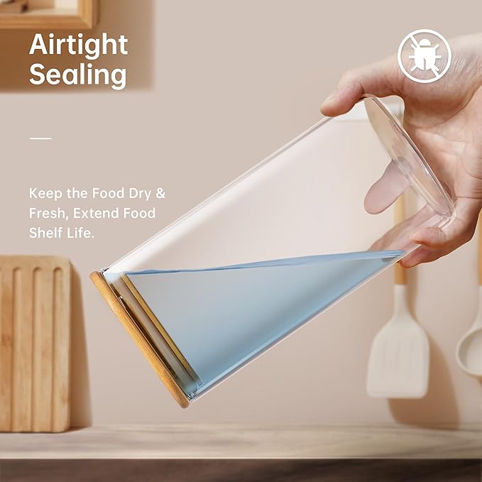 57oz - 3 Pack Square Glass Jars with Bamboo Lids, Glass Food Storage Containers with Airtight Lids for Kitchen, Air Tight Pantry Storage Containers for Cereal, Pasta, Rice, Sugar, Coffee, Spice