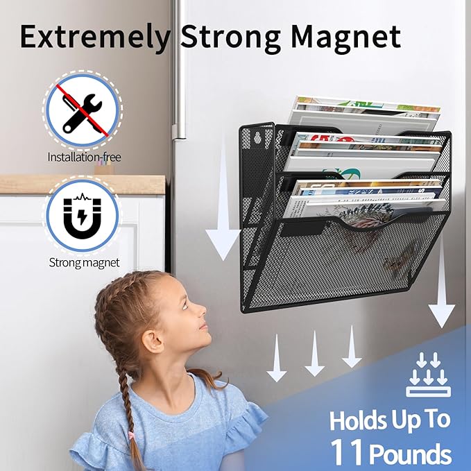 3-Tier Magnetic File Holder, No Drilling Installation File Cabinet Organizer, Black Magnetic File Organizer, Magazine Rack, Magnetic Paper Holder for Refrigerator, File Cabinets, Whiteboard