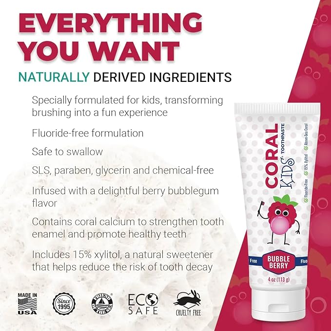 Coral White Kids Bubble Berry Fluoride Free Toothpaste - 4 Ounces (1 Pack)