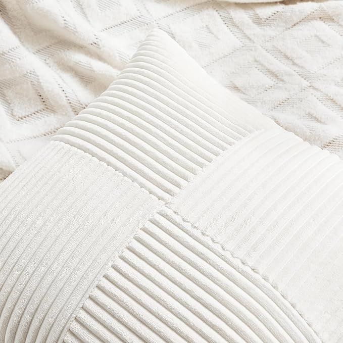 Fancy Homi 2 Packs Cream White Decorative Throw Pillow Covers 16x16 Inch for Living Room Couch Bed Sofa, Rustic Farmhouse Boho Home Decor, Soft Corss Patchwork Corduroy Textured Cushion Case 40x40 cm