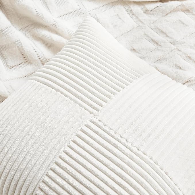 Fancy Homi 2 Packs Cream White Euro Decorative Throw Pillow Covers 26x26 Inch for Couch Bed Sofa, Farmhouse Boho Home Decor, Soft Corss Corduroy Patchwork Textured Square Cushion Case 66x66 cm