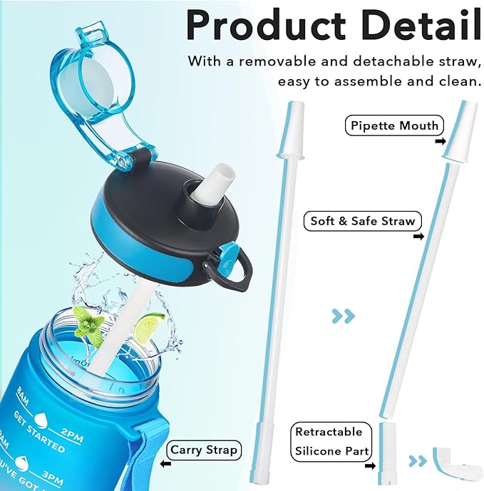 Enerbone Water Bottle, Leakproof BPA & Toxic Free, Motivational Water Bottle with Times to Drink and Straw, Fitness Sports Water Bottle with Strap for Office, Gym, Outdoor Sports