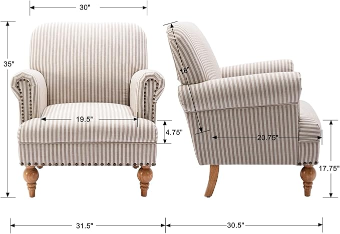 chairus Linen Accent Chair for Living Room Upholstered Mid Century Modern Single Sofa Chair with Solid Wood Legs Comfy Reading Chair Armchair for Bedroom/Office Room/Recption/Lounge, Khaki Stripe