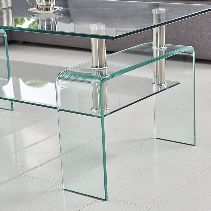 Glass Coffee Table for Living Room, Modern Rectangle All Tempered Glass Table 8mm Clear Transparent Top Home Furniture for Small Space Bearing 220LB