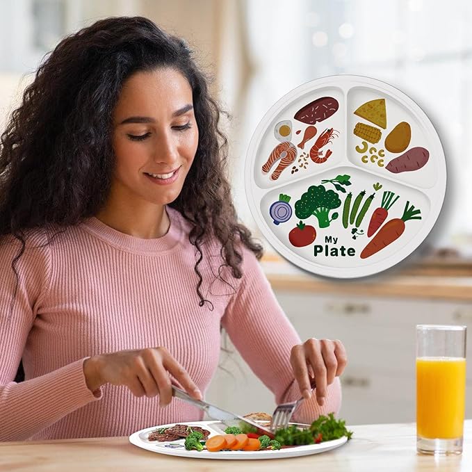 10" 3-Grid Cute Cartoon Portion Control Plate - Melamine, Healthy Nutrition for Weight Loss & Diabetes Management, Ideal for Adults & Teens Kids (1 Pack)