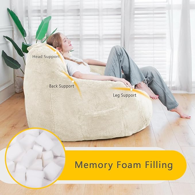 Giant Bean Bag Chair, Oversized Bean Bag Chairs for Adults and Kids, Gaming Chair Stuffed Memory Foam | Storage | Non-Slip, Removable Bean Bag Sofa Comfy Chair for Bedroom, Livingroom (Beige)
