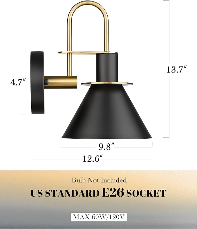Black Wall Sconce, HWH Industrial Indoor Wall Light Fixture, Single Wall Vanity Light Gooseneck Barn Wall Sconce Lamp for Bedroom Kitchen, Black and Gold Finish, 5HZG56B-L BK+BG